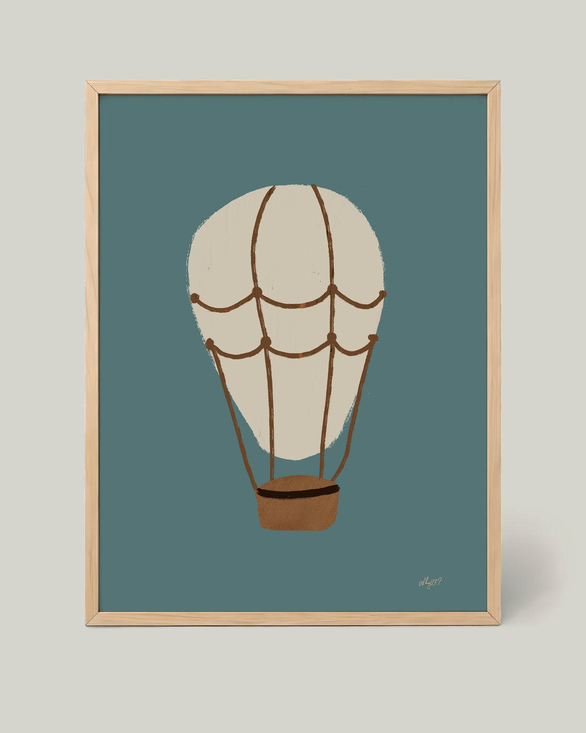 Striped Hot Air Balloon Poster framed in a natural wood frame