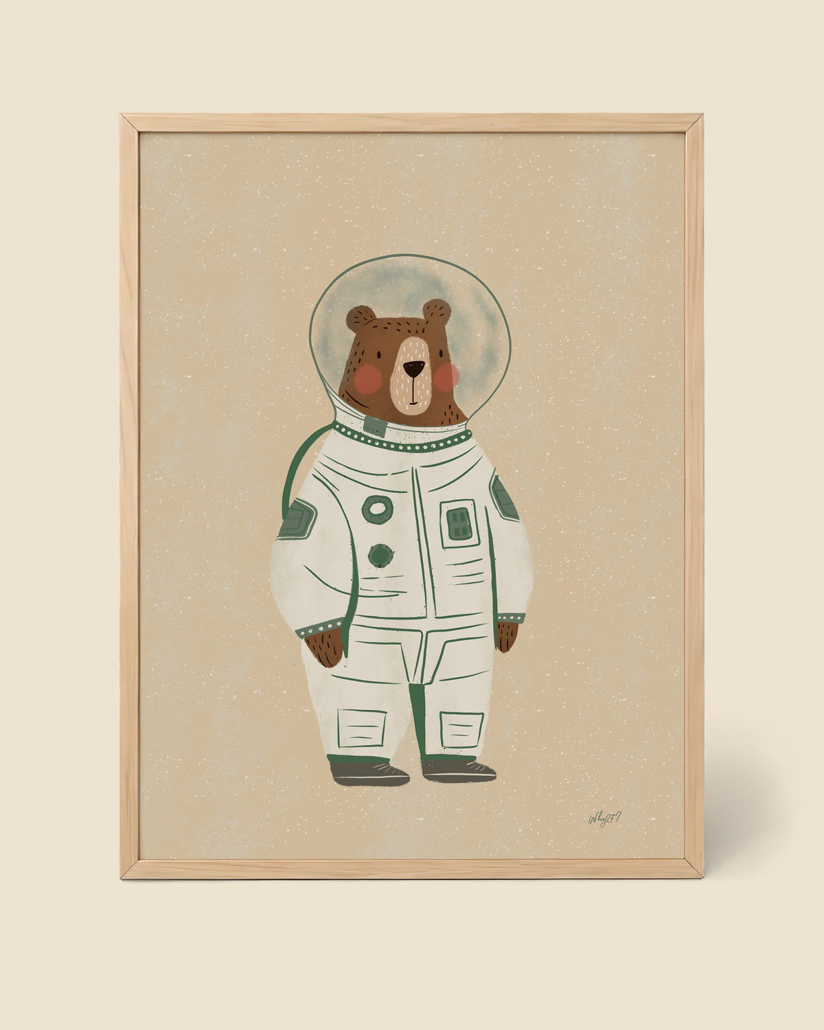 Astronaut Bear Sand Poster framed in a natural wood frame