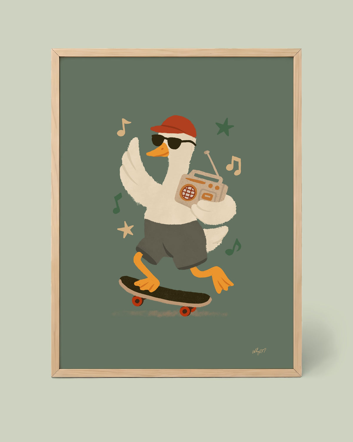Skate Goose Radio Poster framed in a natural wood frame