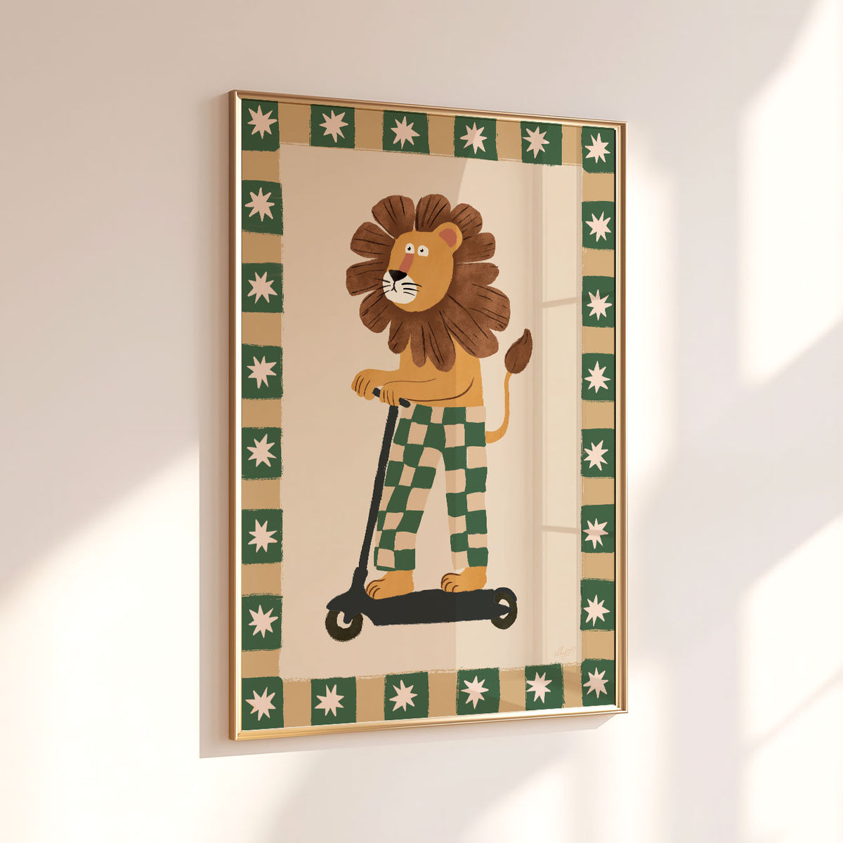 Scooter lion kids wall art featuring a playful lion with a large brown mane and checked green trousers.