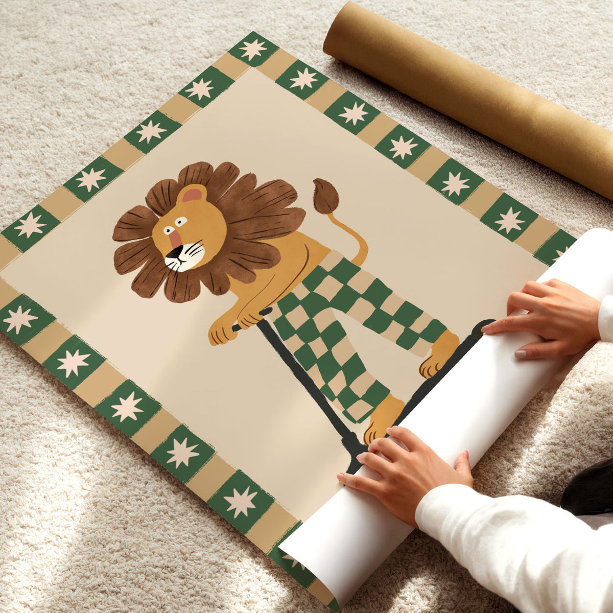 Retro lion illustration riding a scooter inside a decorative green and beige checkerboard star frame.