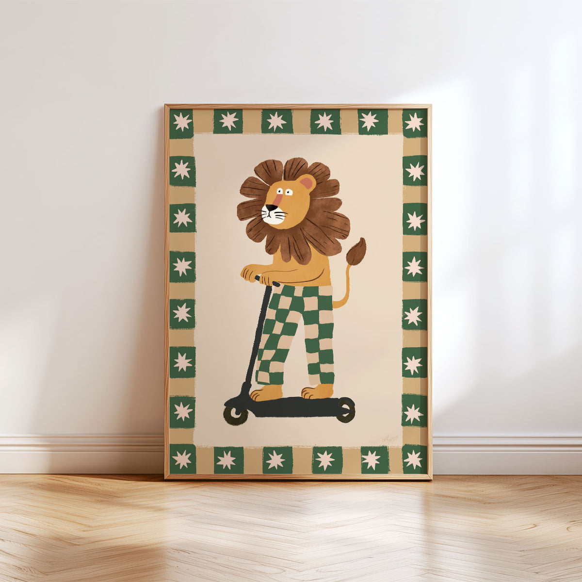 Hand-drawn lion on a black kick scooter with bold checkerboard trousers and a retro star-pattern border.