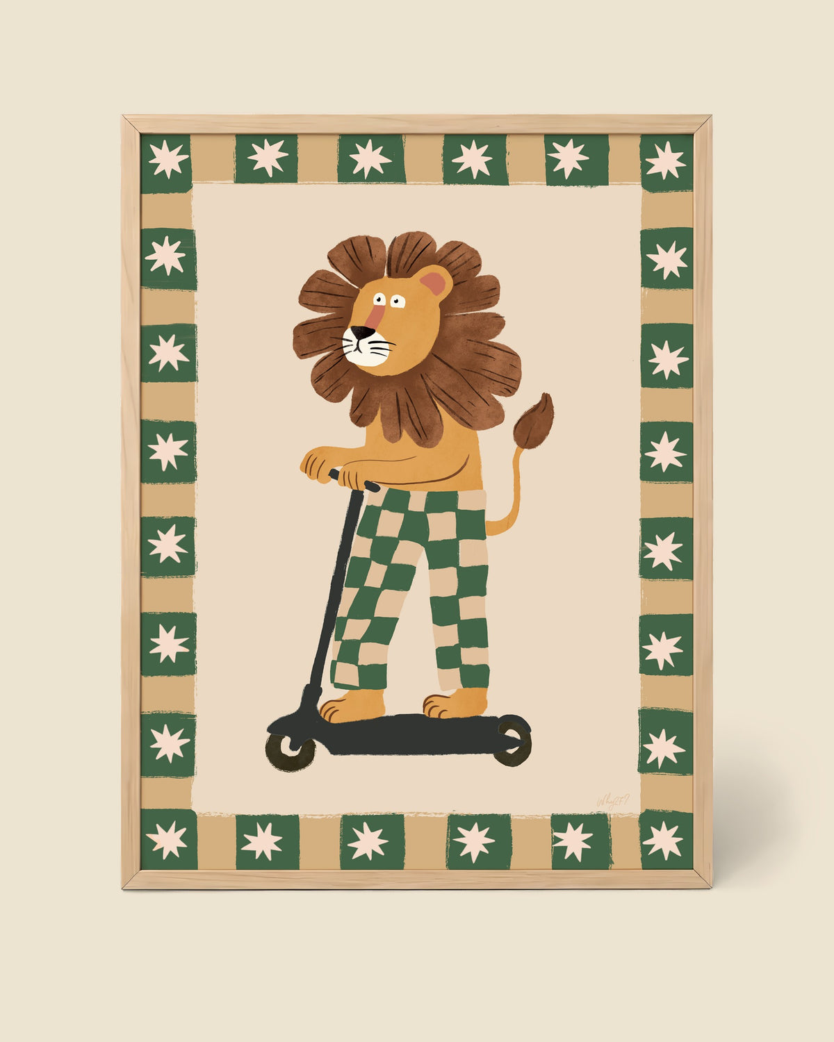 Scooter Lion Green Poster framed in a natural wood frame