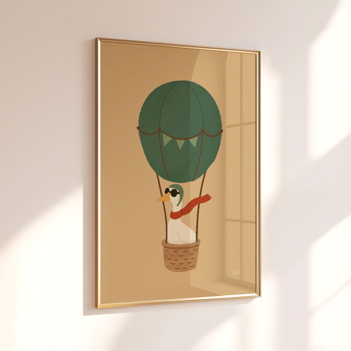 Hand-drawn goose balloon poster in green, tan and red tones for a kids bedroom, nursery or playroom.