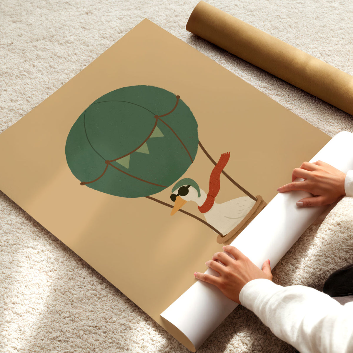 Vintage-inspired flying goose illustration in a green hot air balloon with a woven basket.