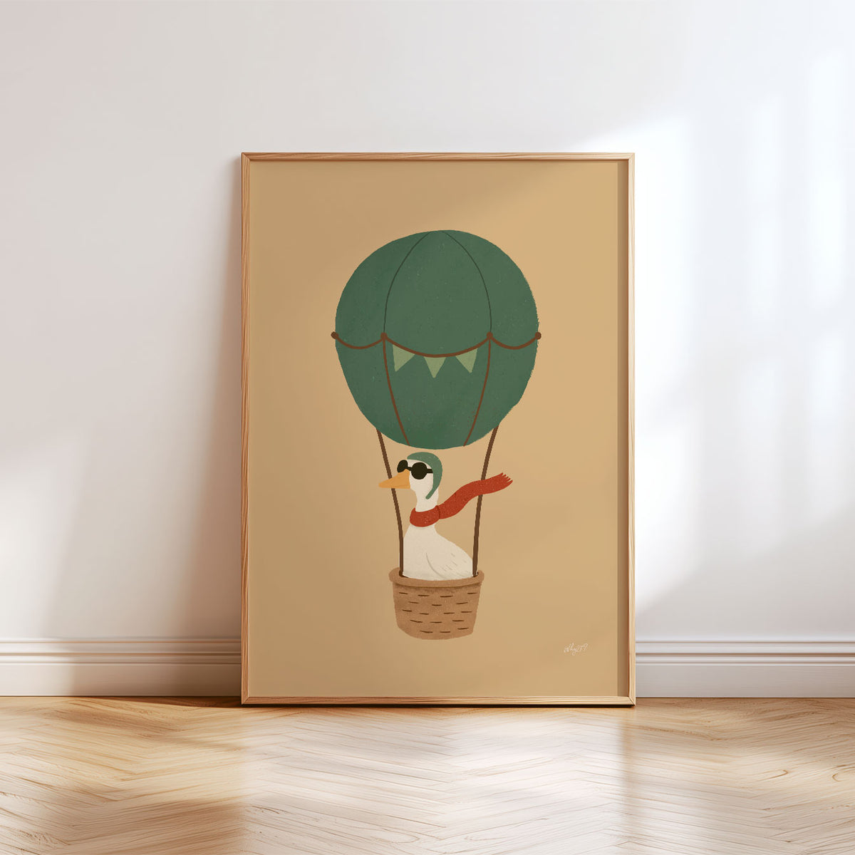 Kids hot air balloon wall art featuring a hand-drawn goose with a flowing red scarf.