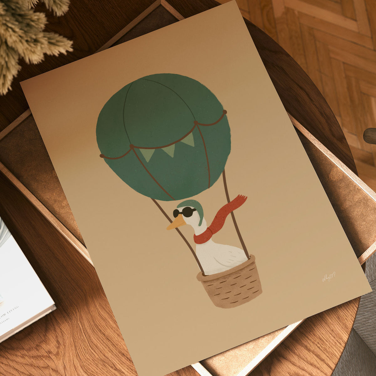 Little goose adventure wall art featuring a goose travelling in a vintage-style hot air balloon.