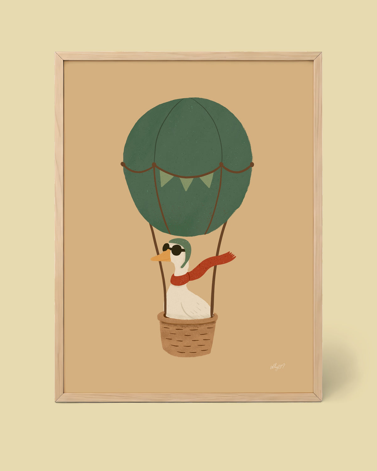 Goose Balloon Green Poster framed in a natural wood frame