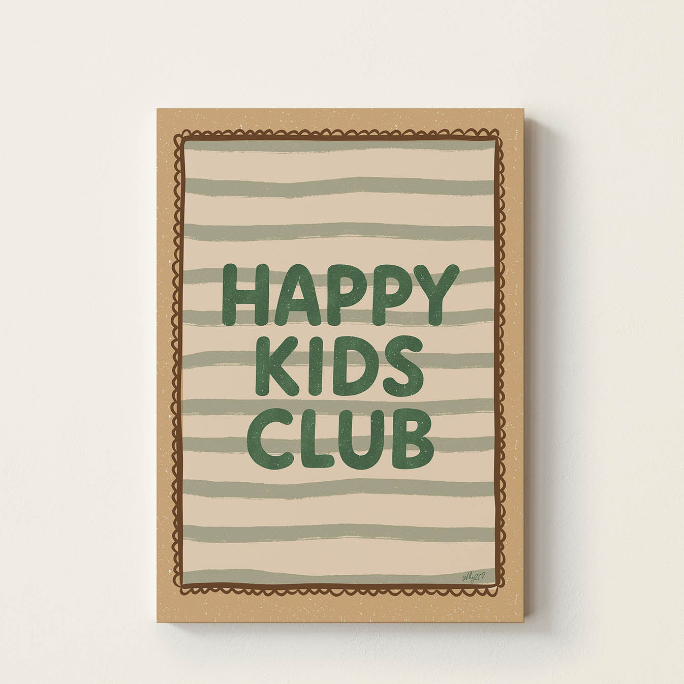 Hand-drawn typography poster featuring the words "Happy Kids Club" in bold green retro lettering with a striped background, positive wall art for nurseries, bedrooms, playrooms, classrooms, and reading corners.
