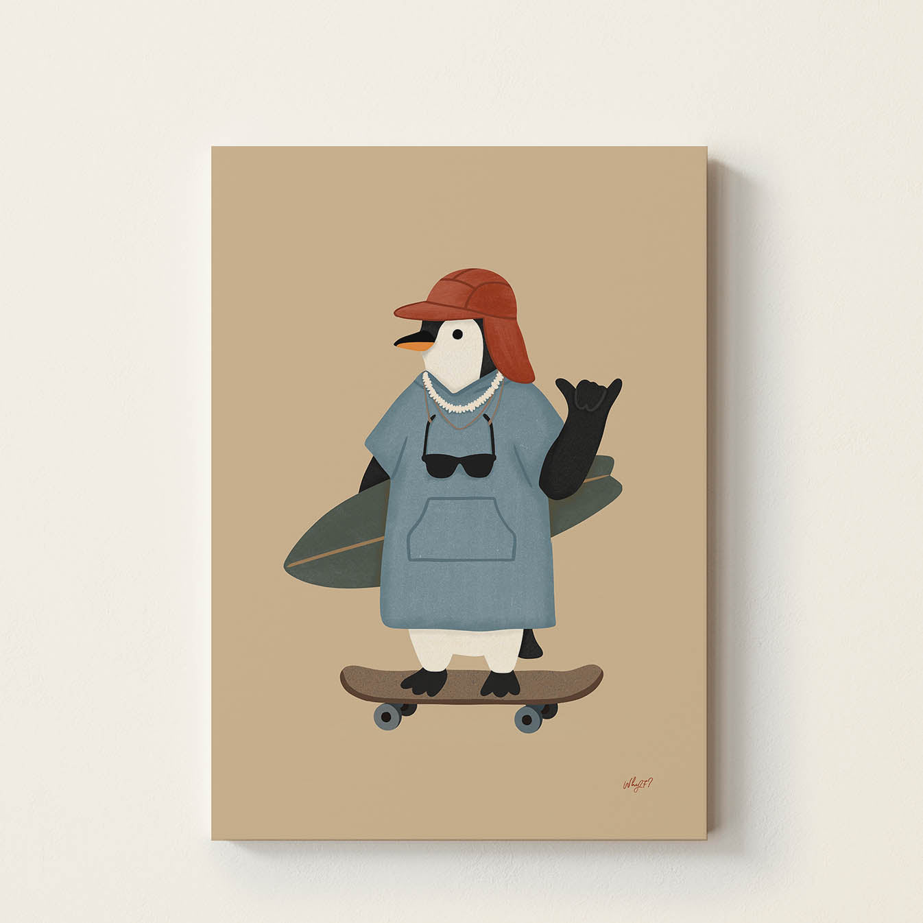 Hand-drawn penguin carrying a surfboard while riding a skateboard, wearing a red cap, sunglasses, and a beach poncho, retro-inspired coastal wall art for nurseries, bedrooms, playrooms, and beach houses.