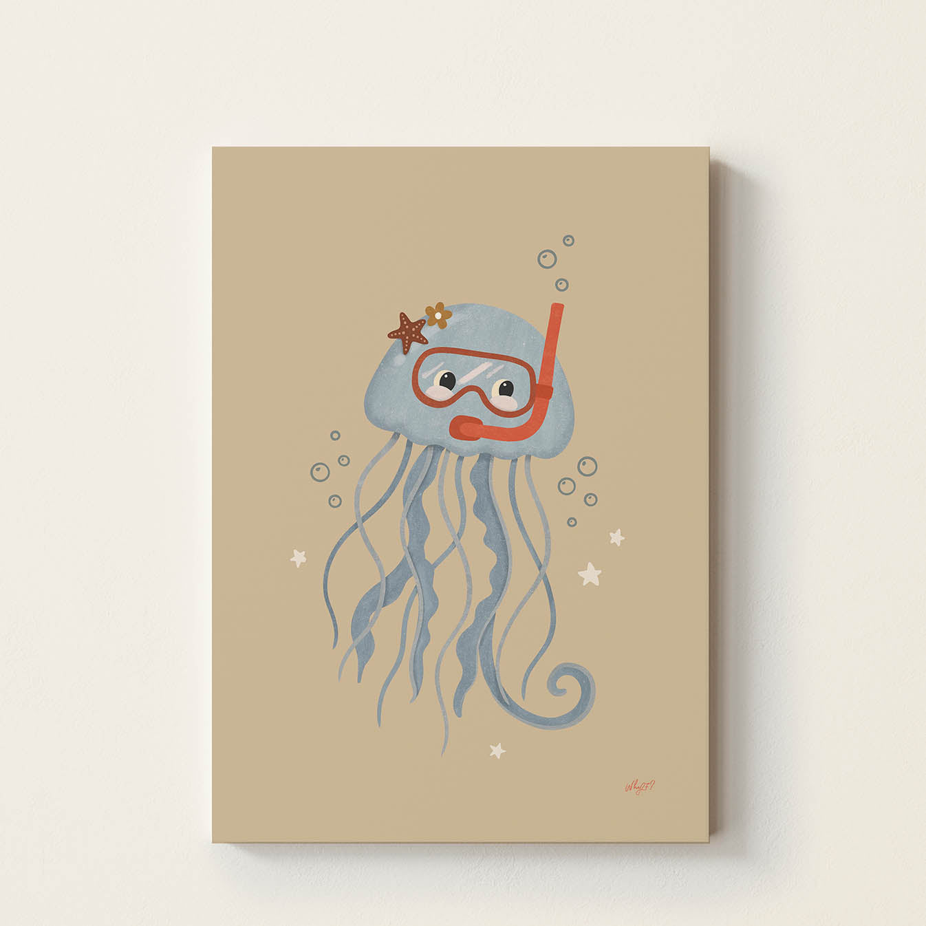 Hand-drawn smiling jellyfish wearing snorkel goggles and a snorkel, playful ocean-themed wall art for nurseries, children's bedrooms, playrooms, and coastal-inspired spaces.