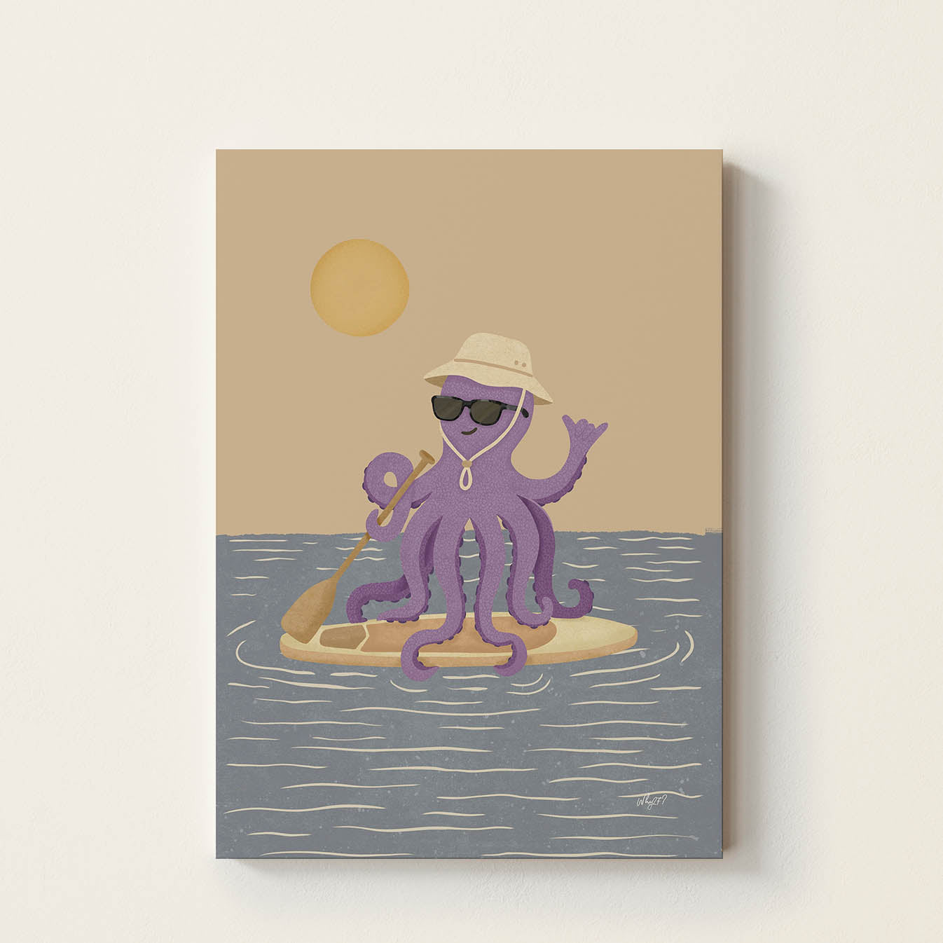 Hand-drawn purple octopus wearing sunglasses and a sun hat while paddle boarding on the ocean, retro-inspired coastal wall art for children's bedrooms, nurseries, playrooms, and beach houses.