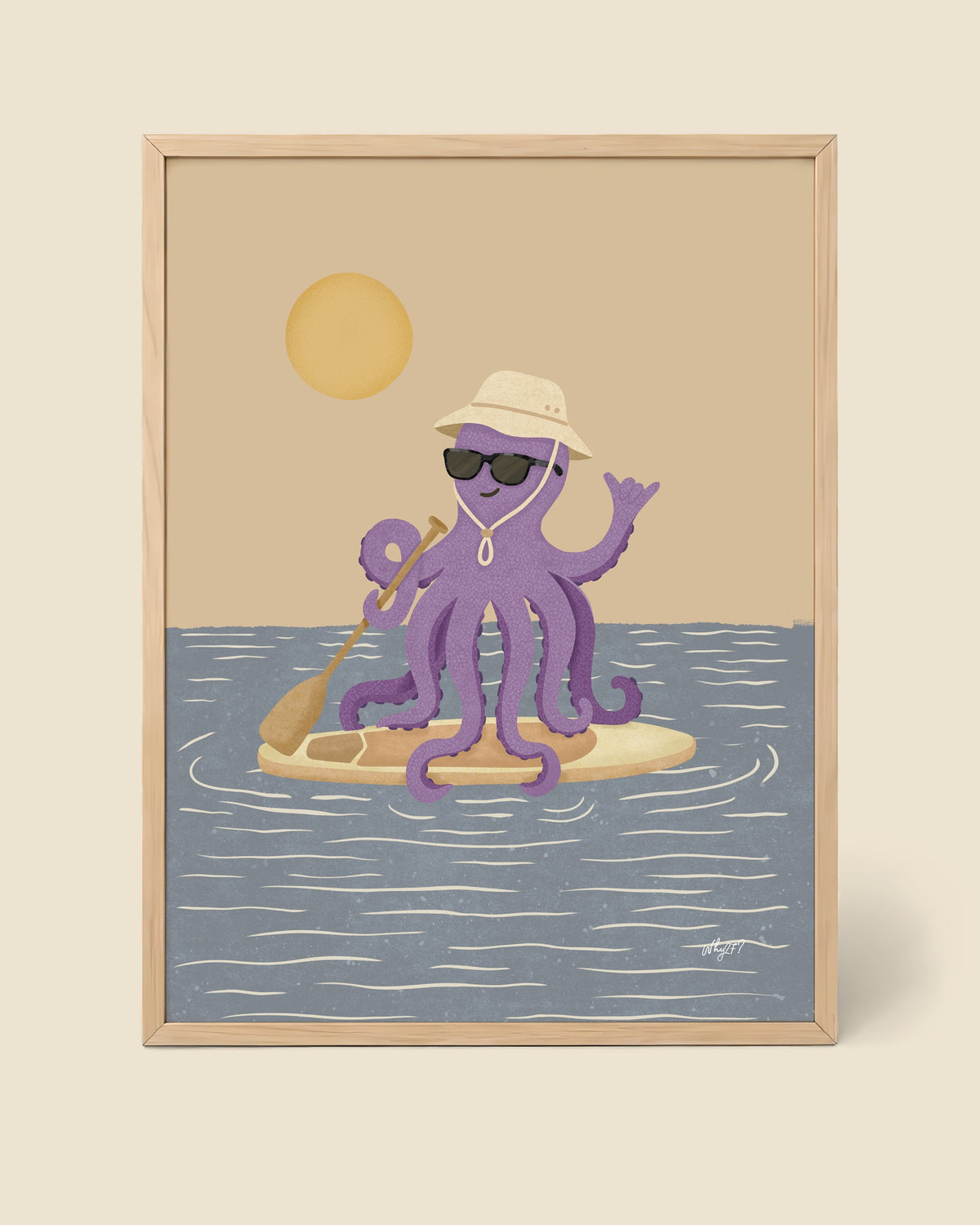 Paddle Octopus Poster framed in a natural wood frame