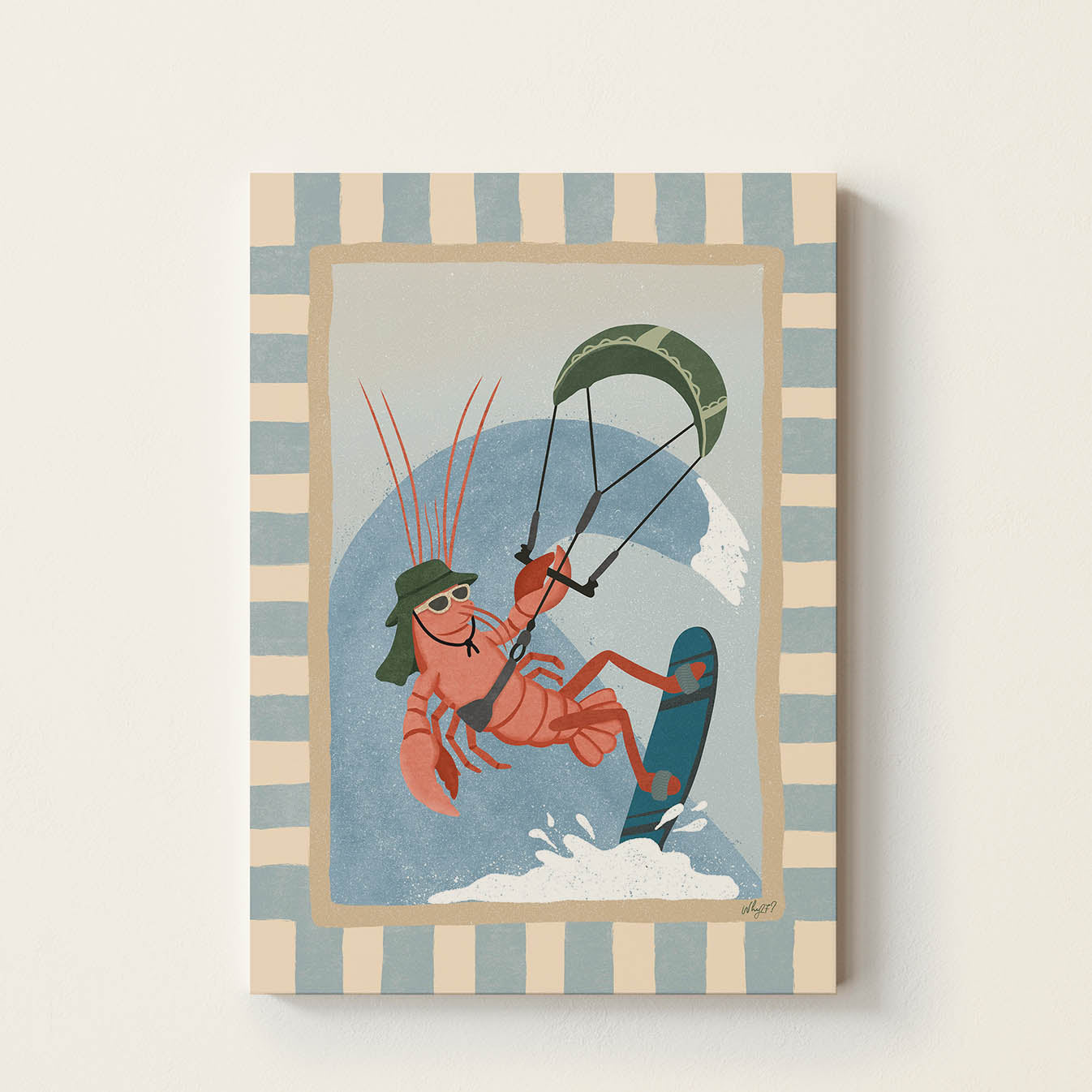 Hand-drawn lobster wearing sunglasses and a sun hat while kitesurfing across the ocean, retro-inspired beach wall art for nurseries, bedrooms, playrooms, and coastal-inspired spaces.