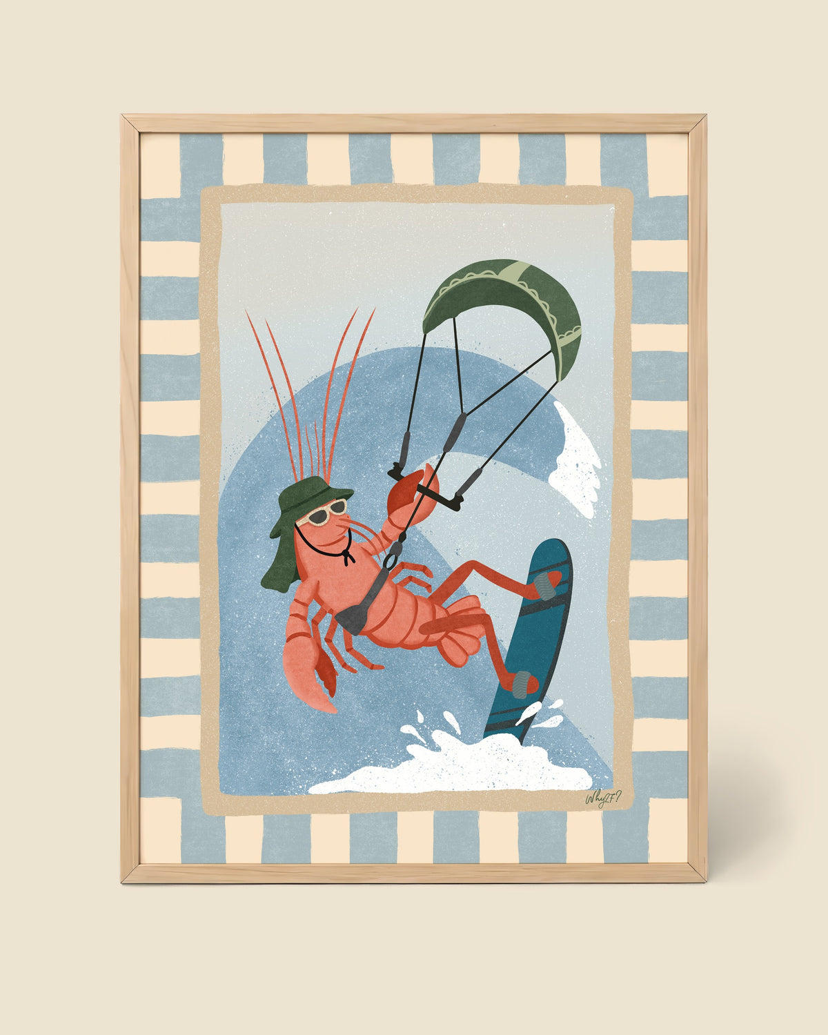 Kite Rider Lobster Poster framed in a natural wood frame