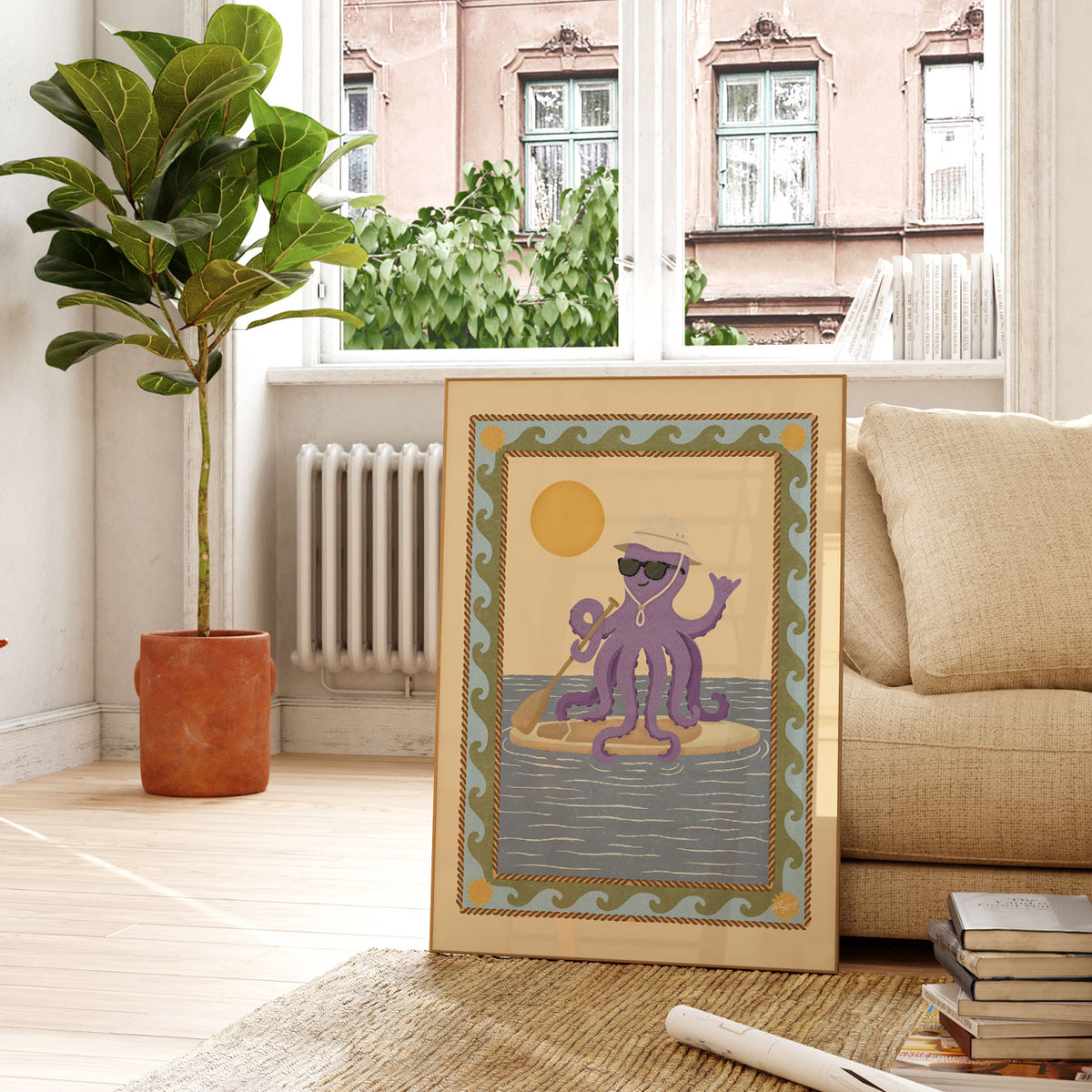 Octopus paddle poster featuring a purple octopus standing on a paddle board beneath a golden sun.