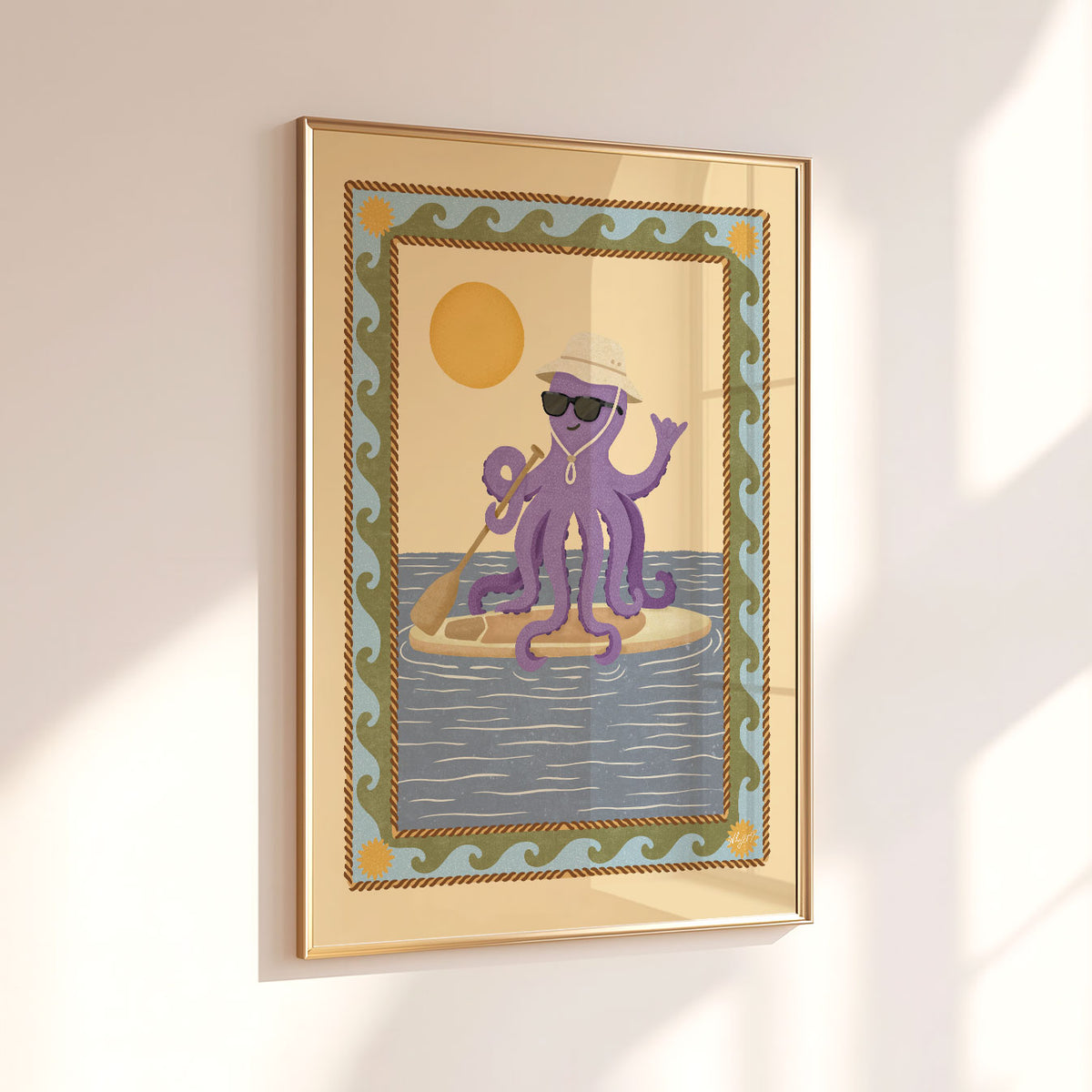 Playful coastal illustration featuring an octopus on a paddle board surrounded by blue ocean waves.