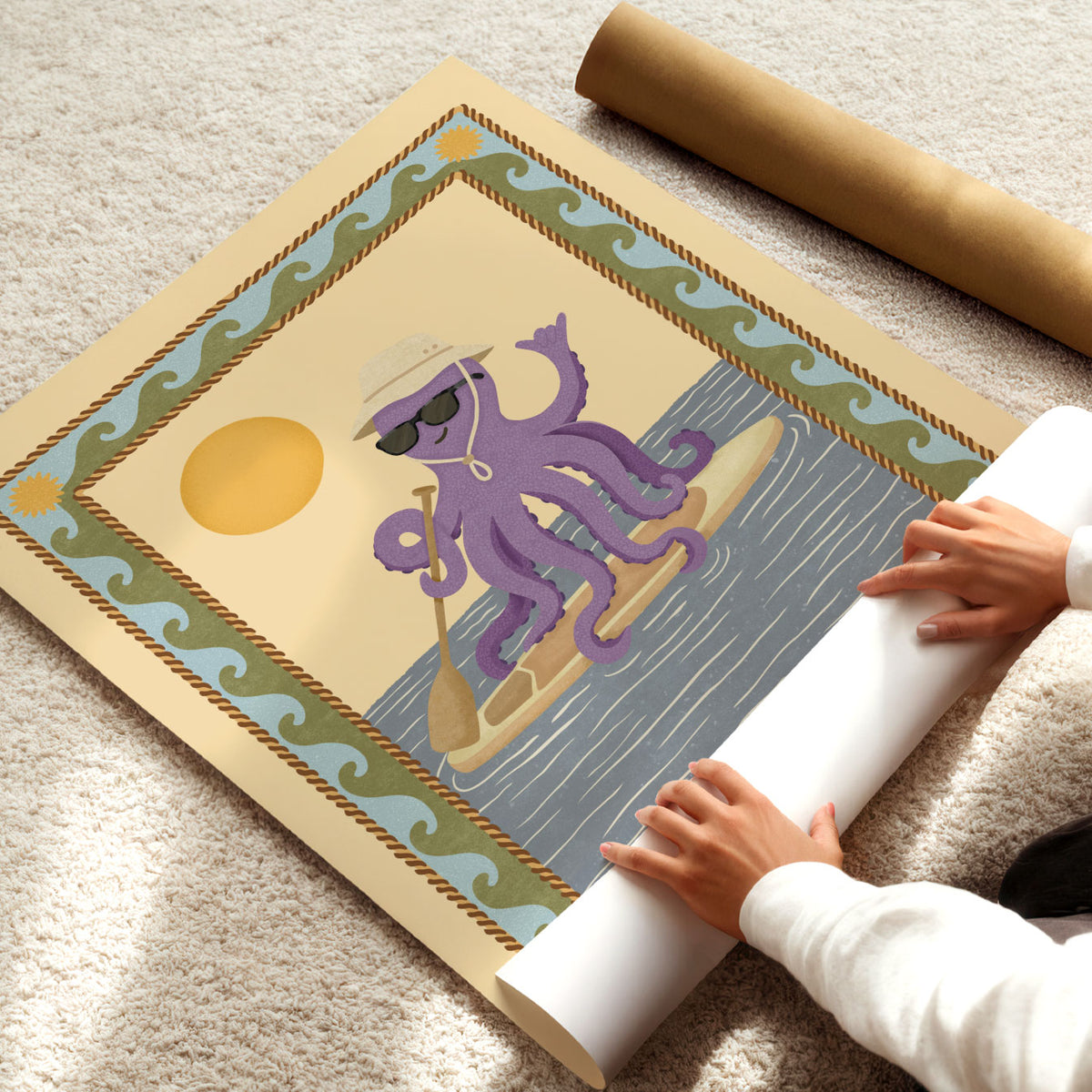 Octopus paddleboarding wall art for a kids bedroom or playroom with a retro seaside design.