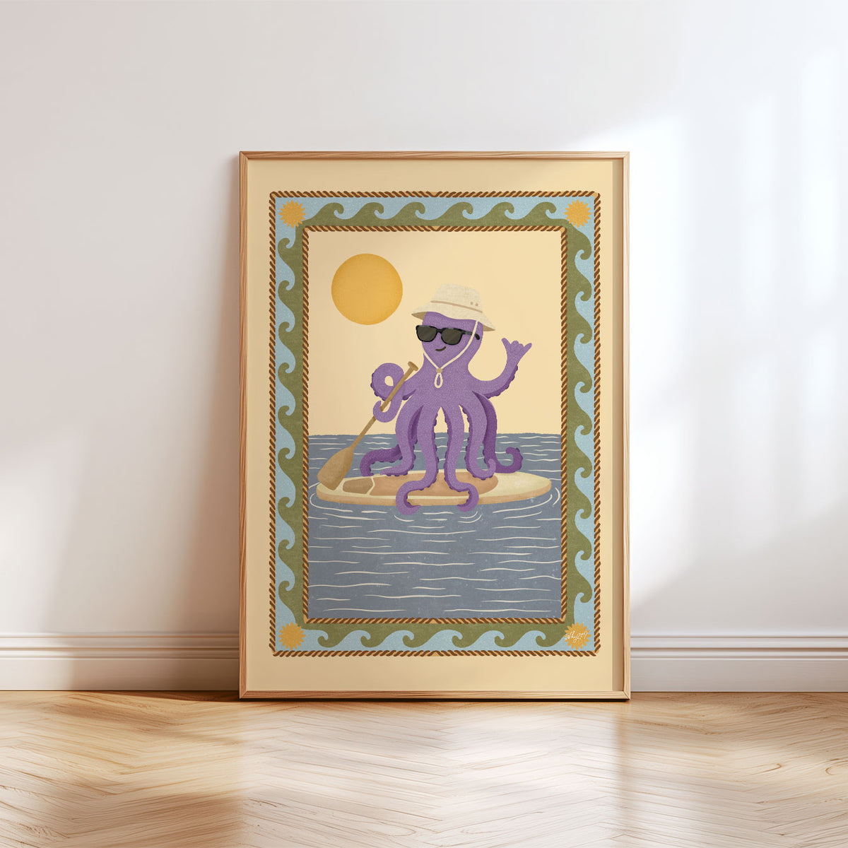 Ocean wall art for kids with a playful octopus wearing sunglasses and paddling across the water.