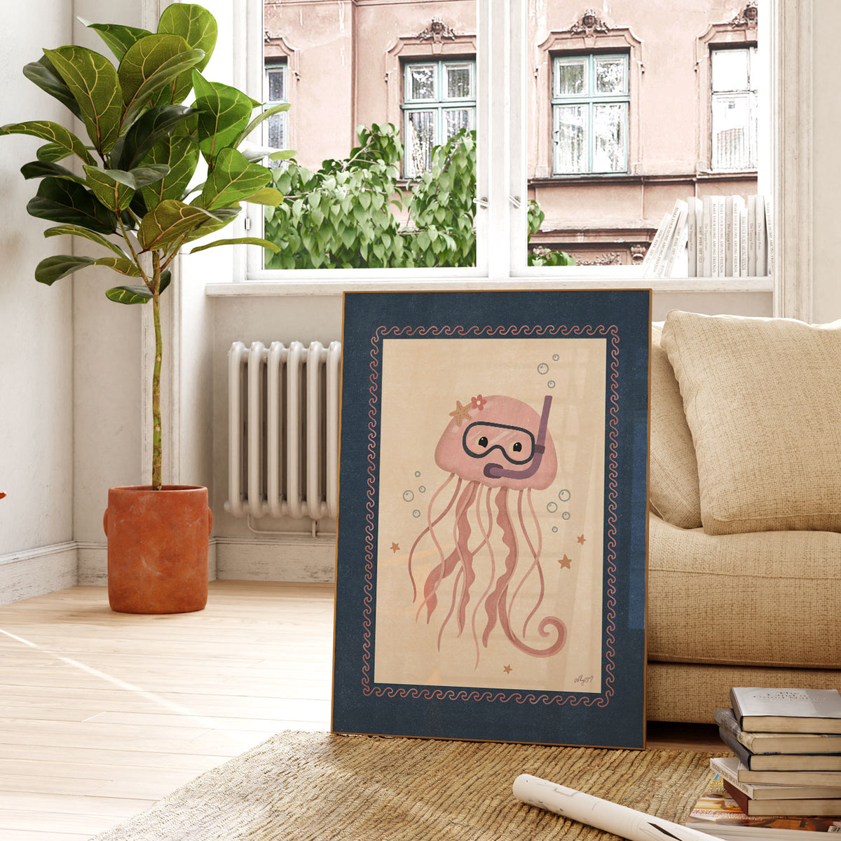 Hand-drawn jellyfish with long pink tentacles, blue diving mask and snorkel surrounded by underwater bubbles.