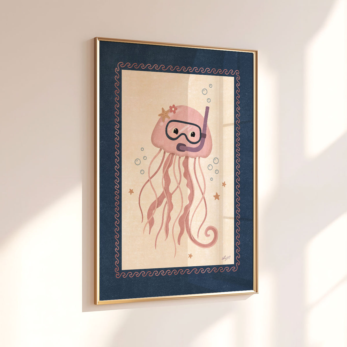 Ocean wall art for kids with a pink jellyfish wearing snorkeling gear against a warm cream background.