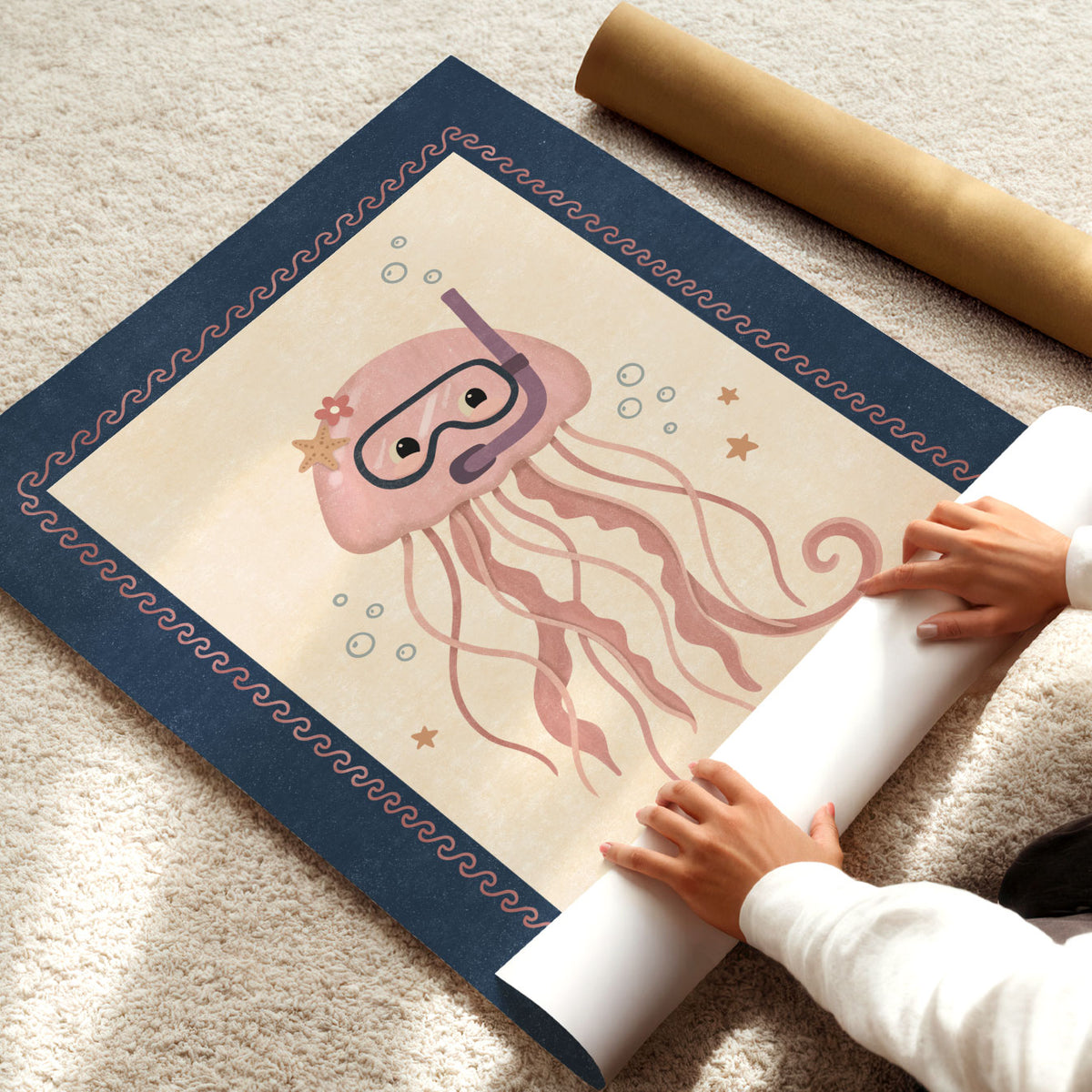 Snorkeling jellyfish poster featuring a playful pink sea creature exploring underwater in a mask and snorkel.