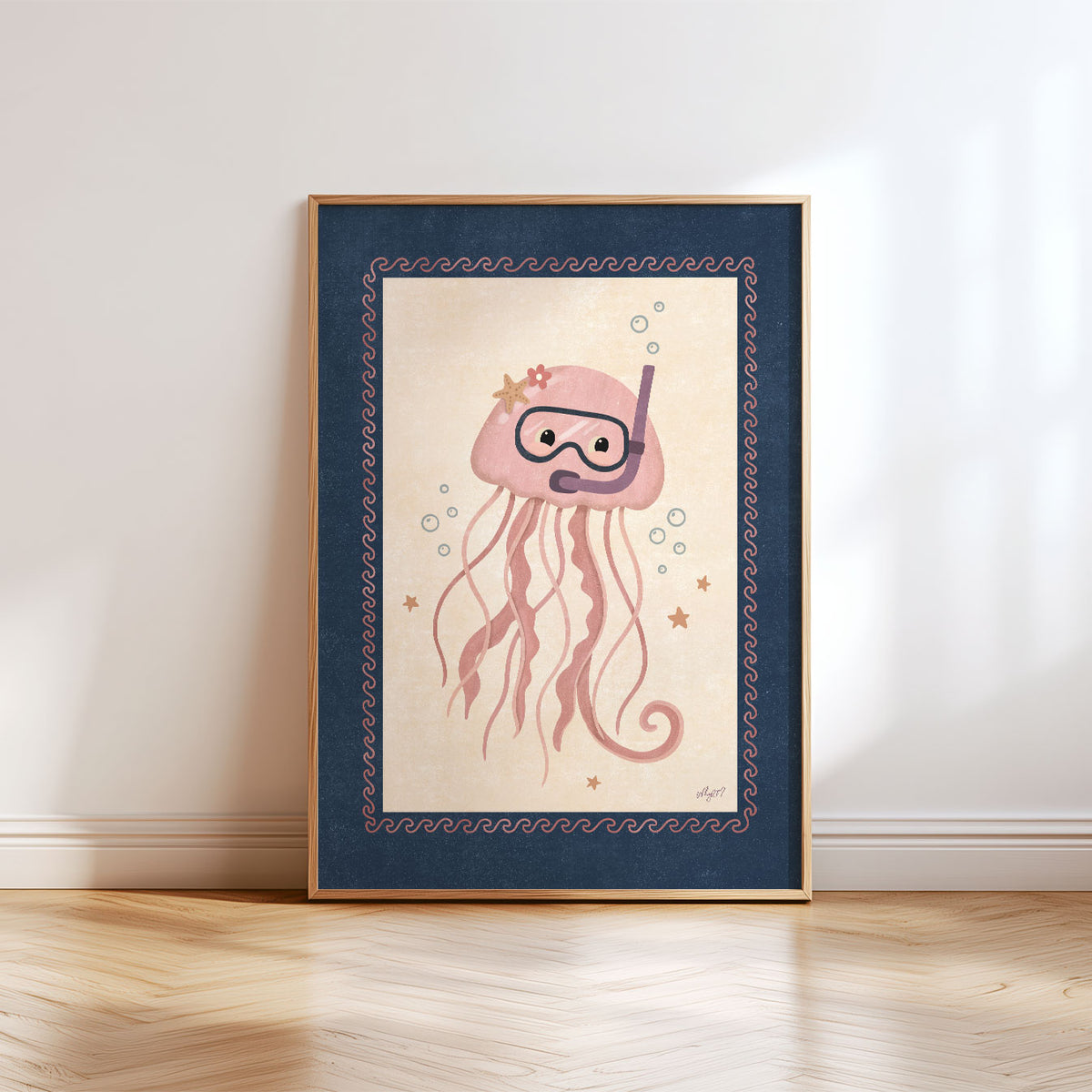 Jellyfish ocean poster for a kids bedroom or playroom featuring a whimsical snorkeling sea creature.