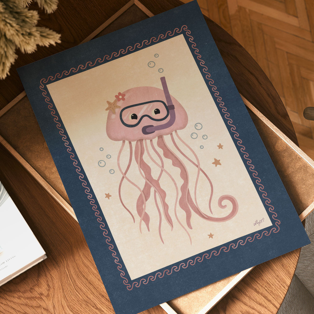 Playful underwater jellyfish illustration in pink, blue and cream with a dark blue decorative border.