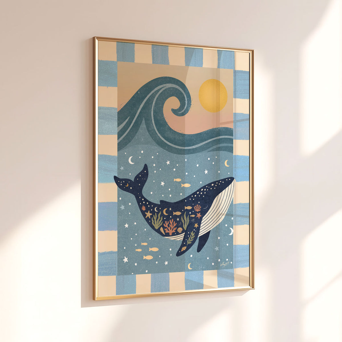 Whimsical ocean wall art featuring a patterned whale swimming through blue water beneath a stylized wave.