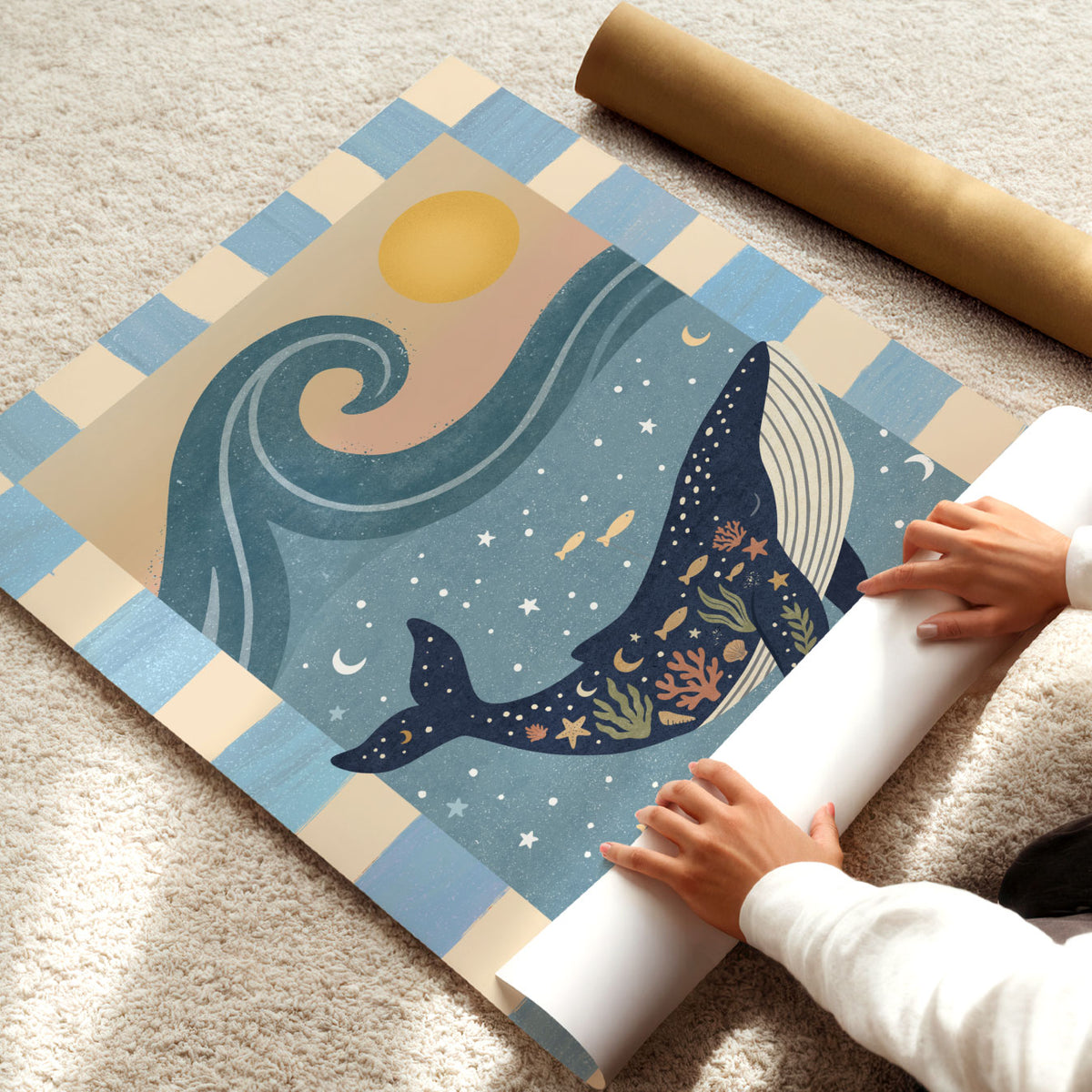 Whale wall art for kids featuring a decorated blue whale swimming in the ocean beneath a large wave and golden sun.