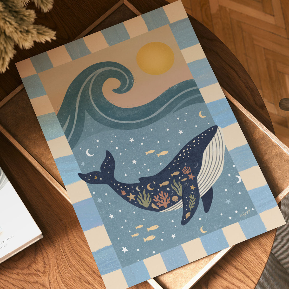 Ocean kids poster with a hand-drawn whale surrounded by tiny fish, stars and coral-inspired details.