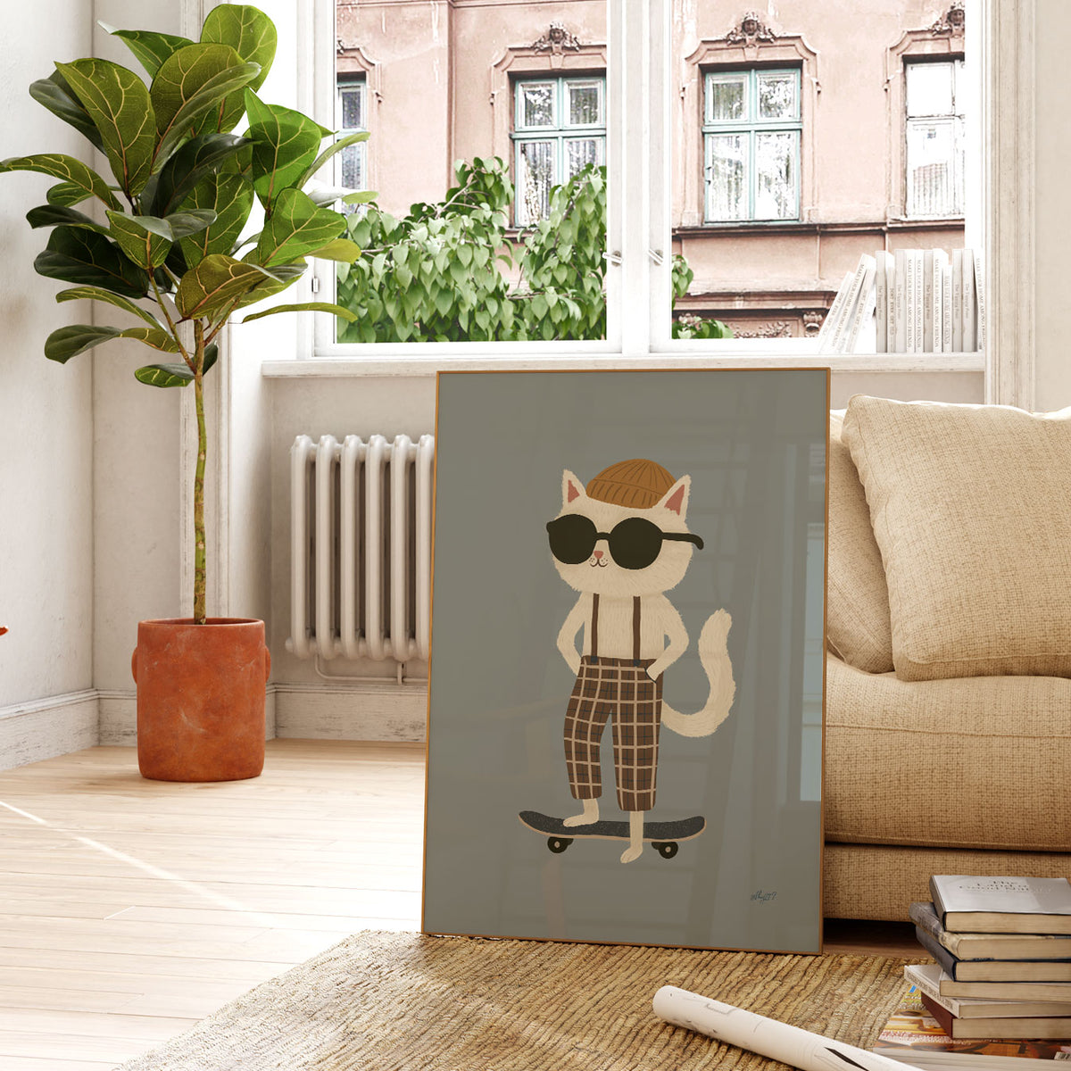 Skateboard Cat poster featuring a stylish white cat in suspenders and sunglasses on a muted green background.