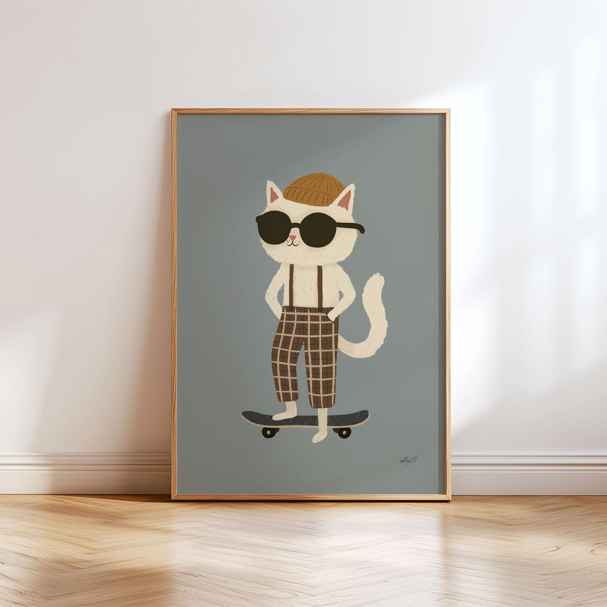 Skateboarding cat wall art for a kids bedroom or playroom featuring a cool hand-drawn animal character.