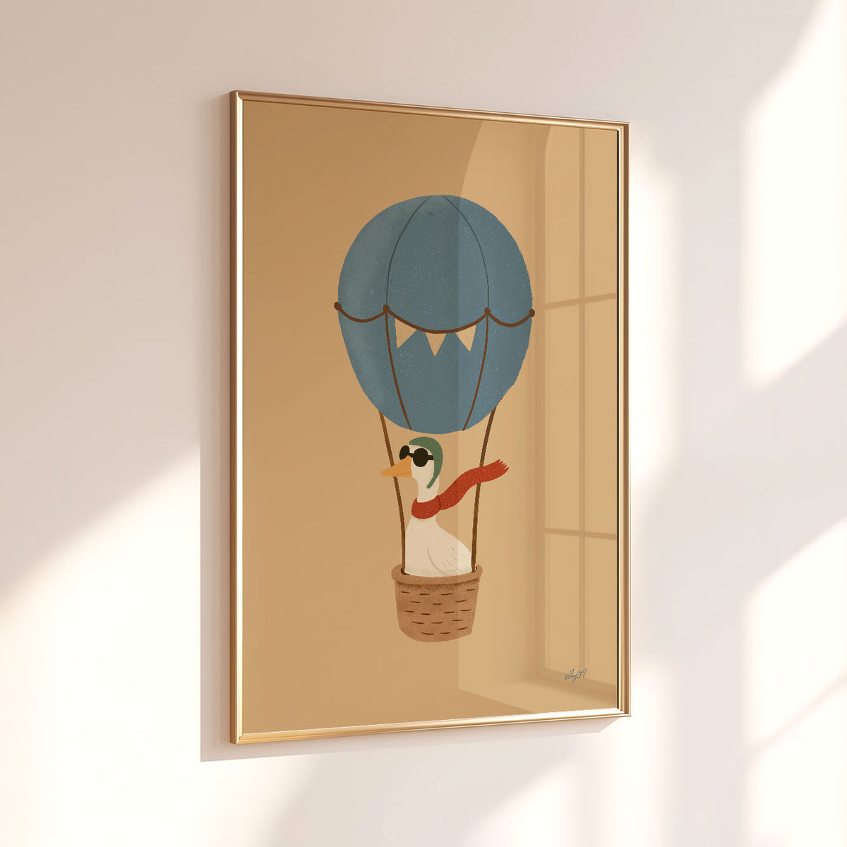 Goose hot air balloon poster featuring an adventurous bird riding in a basket beneath a blue balloon.