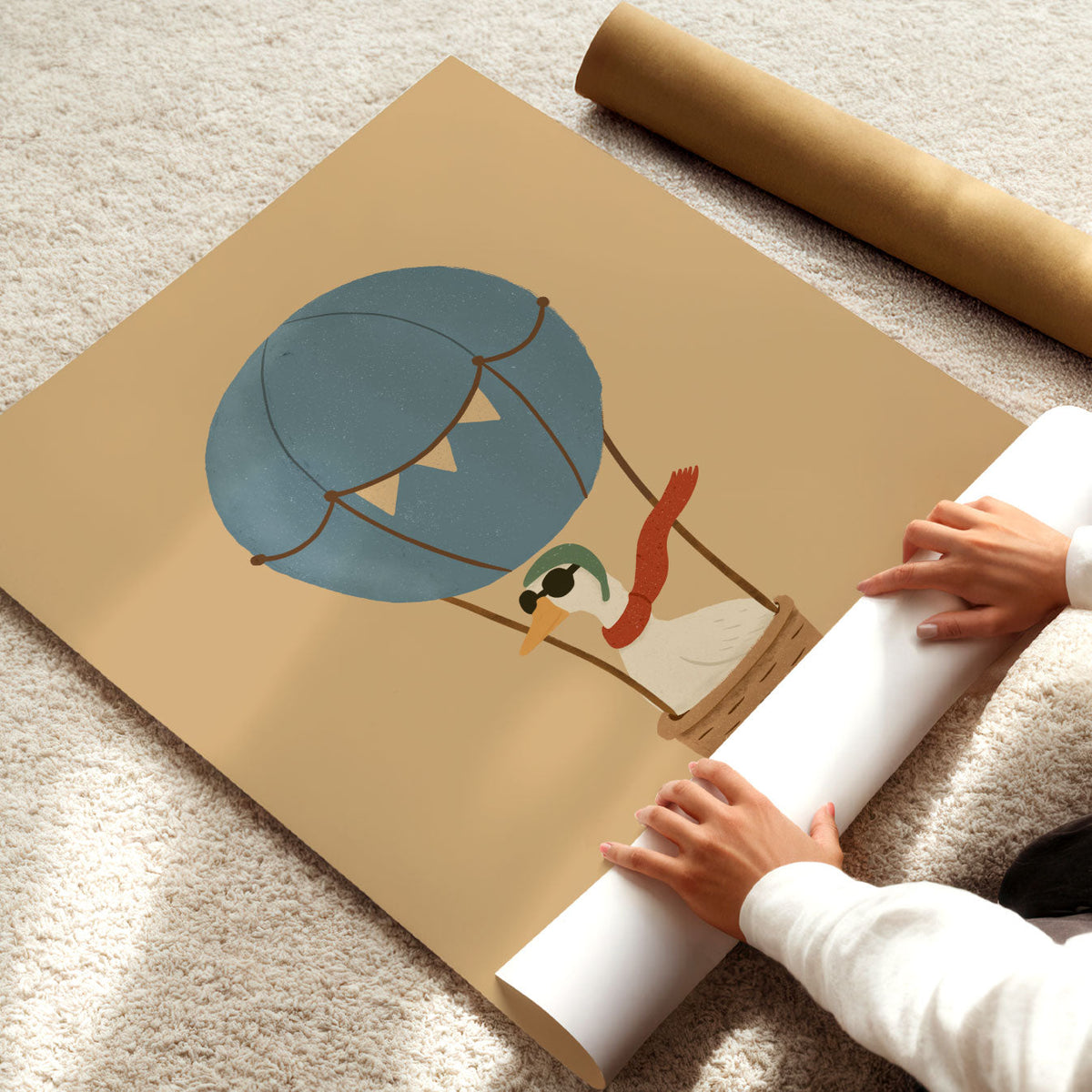Playful aviation illustration featuring a goose flying beneath a blue balloon with small cream bunting.