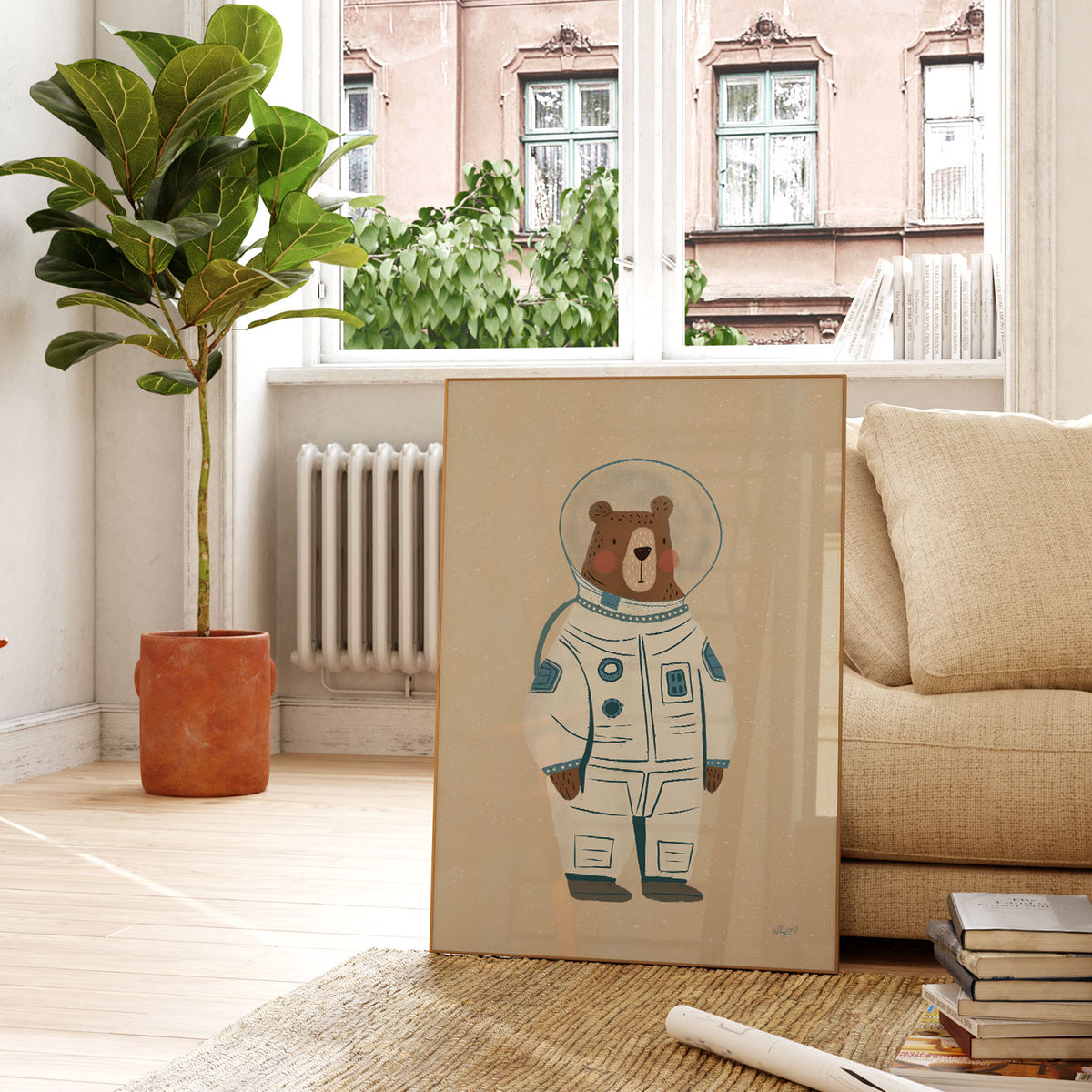 Bear astronaut poster for a kids bedroom, nursery or playroom with a hand-drawn space exploration theme.