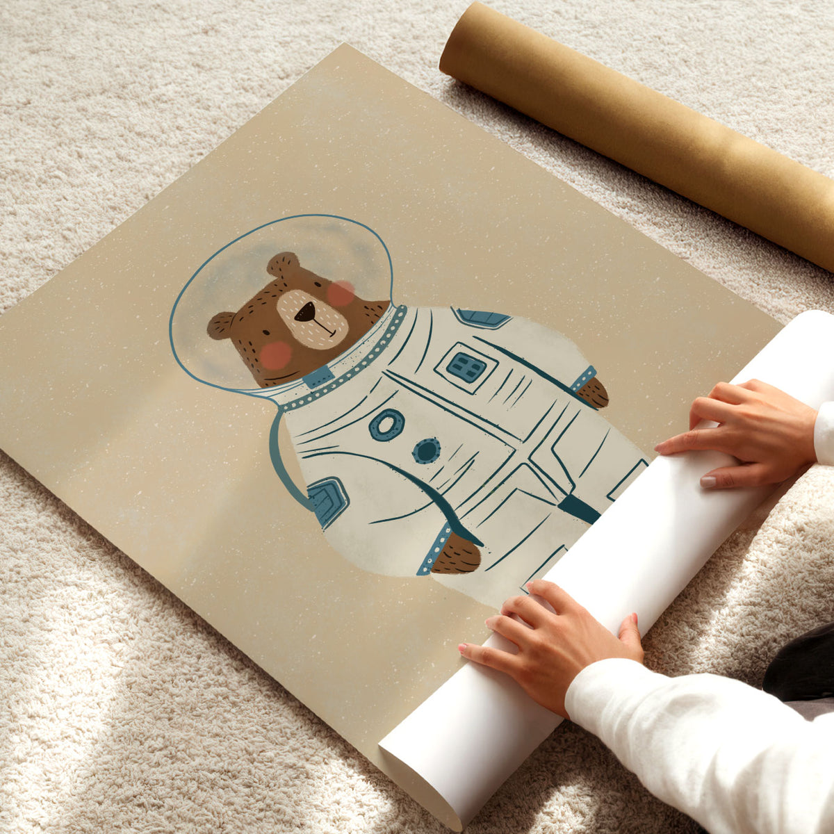 Bear astronaut illustration in a white and blue spacesuit against a simple neutral background.