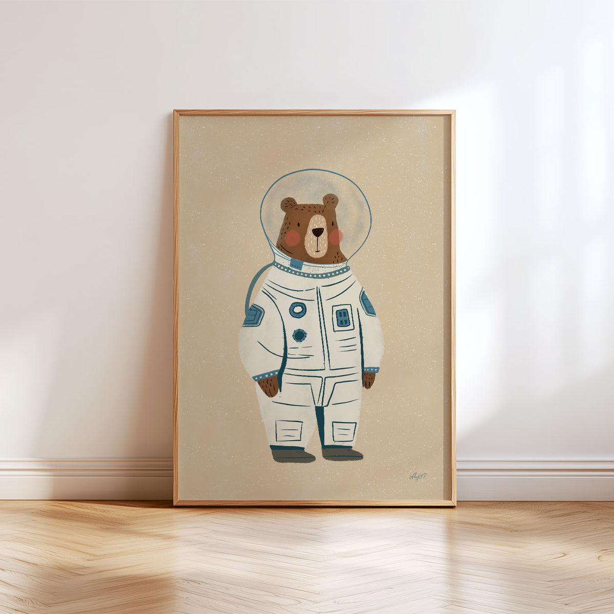 Playful space bear wall art featuring a little astronaut character ready for a space adventure.