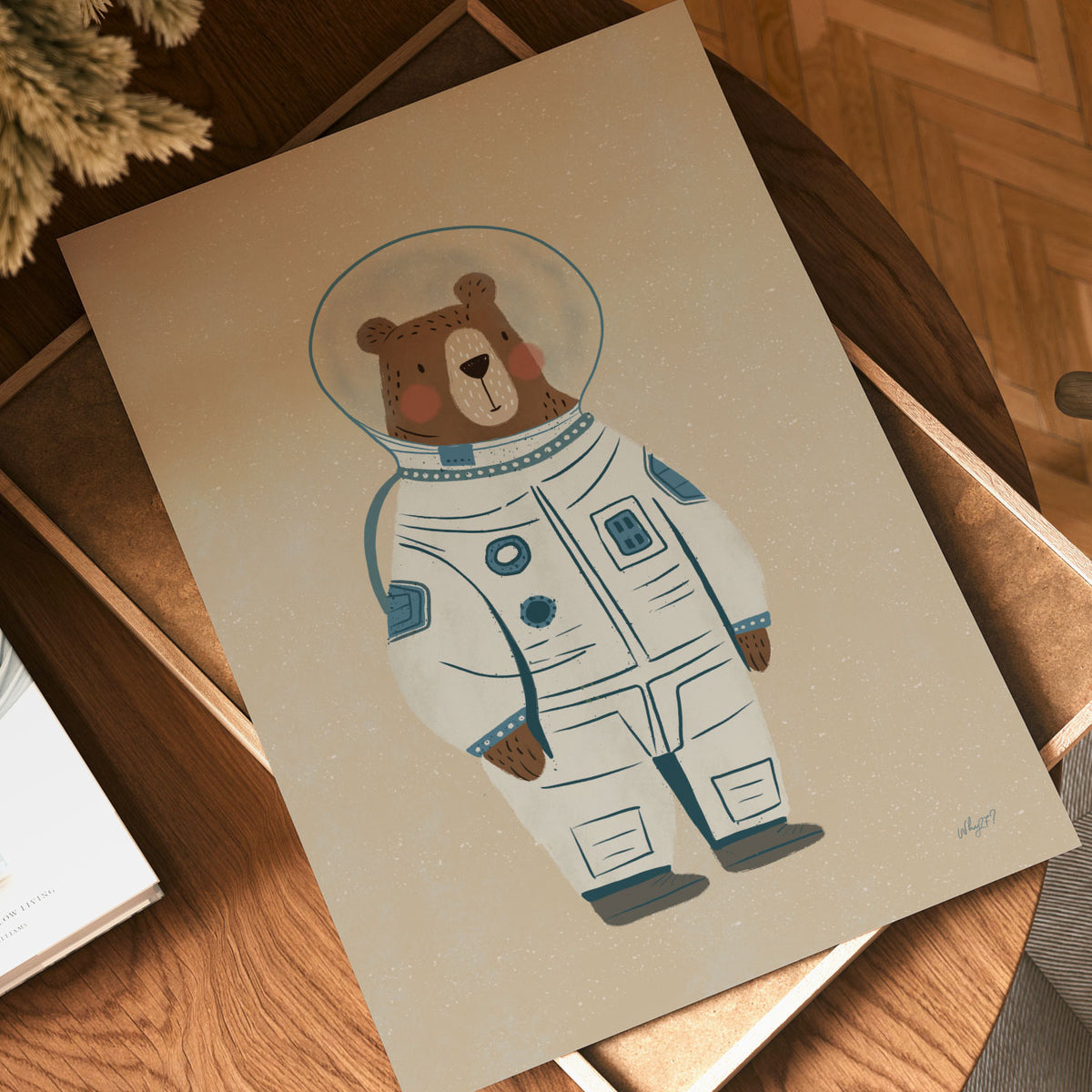 Space explorer bear poster featuring a brown bear dressed in a detailed white astronaut spacesuit.