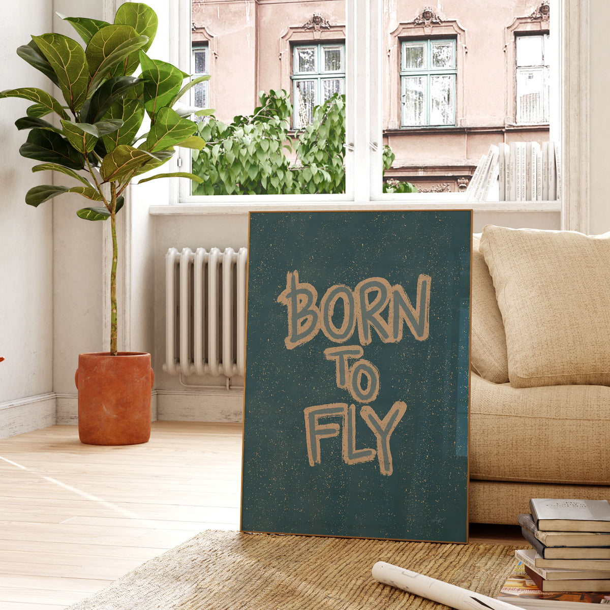 Motivational kids wall art featuring the words Born to Fly in bold hand-lettered typography.