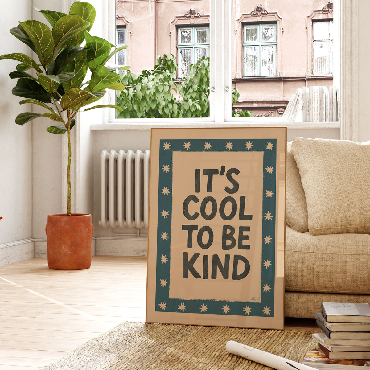 Positive kids poster with an It’s Cool to Be Kind message on a warm beige background with teal border.