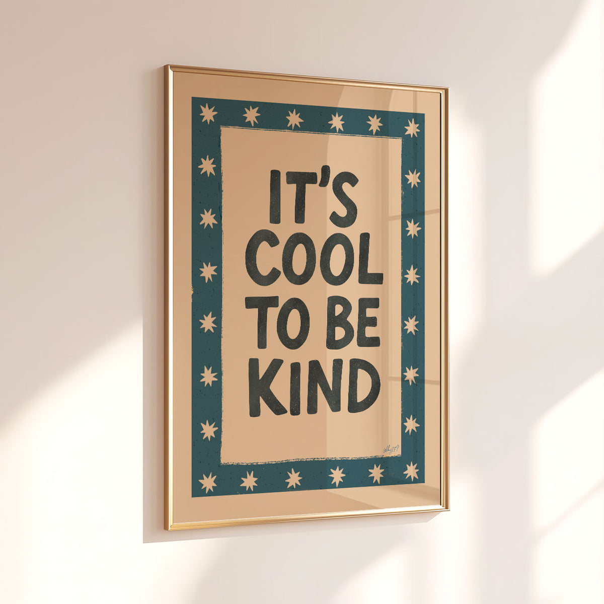Hand-drawn kindness typography poster surrounded by small cream stars in a retro-style frame.