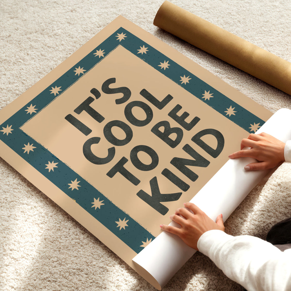 Kindness poster for a kids bedroom, playroom or classroom with hand-drawn typography and star border.