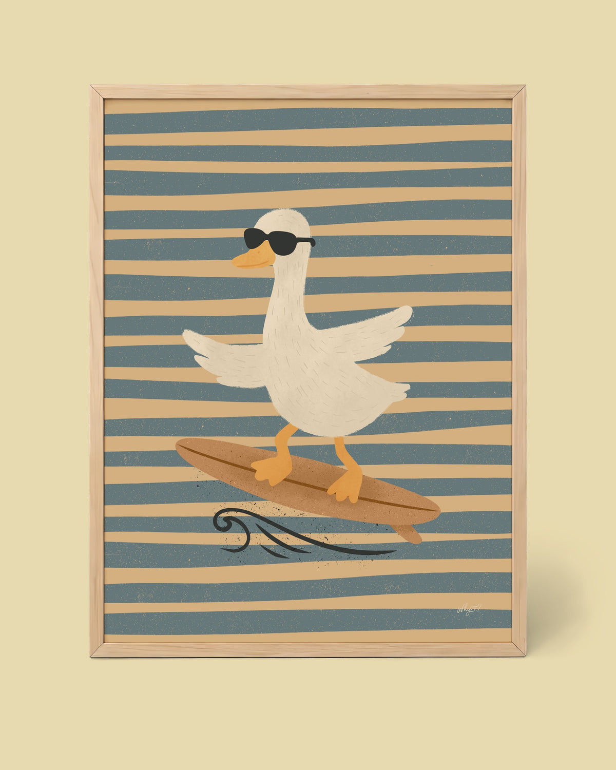 Wave Rider Duck Poster framed in a natural wood frame