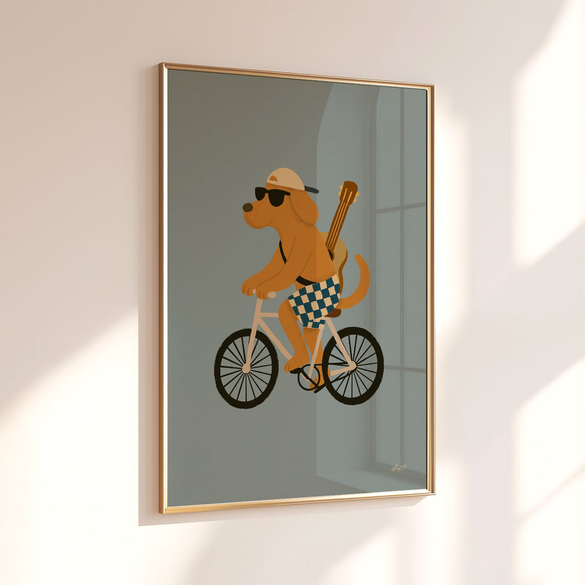 Hand-drawn dog cyclist wearing black sunglasses and blue checked shorts with a guitar on his back.