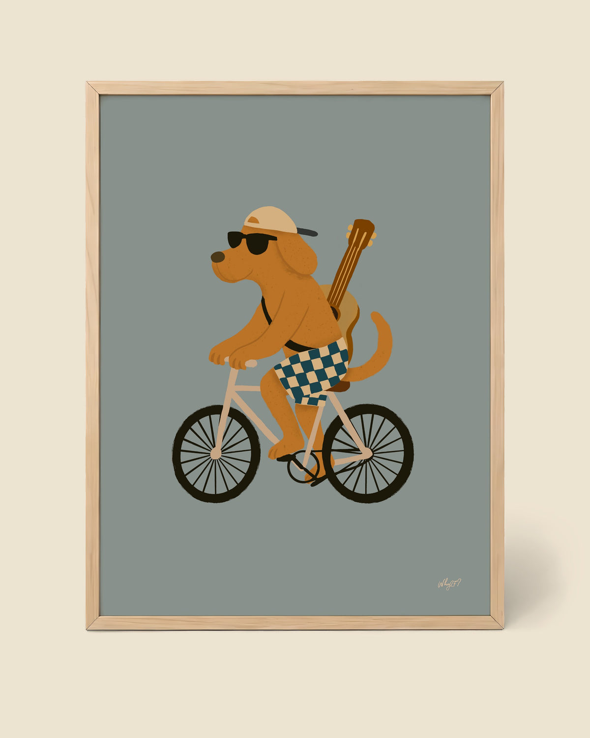 Biker Dog Poster framed in a natural wood frame