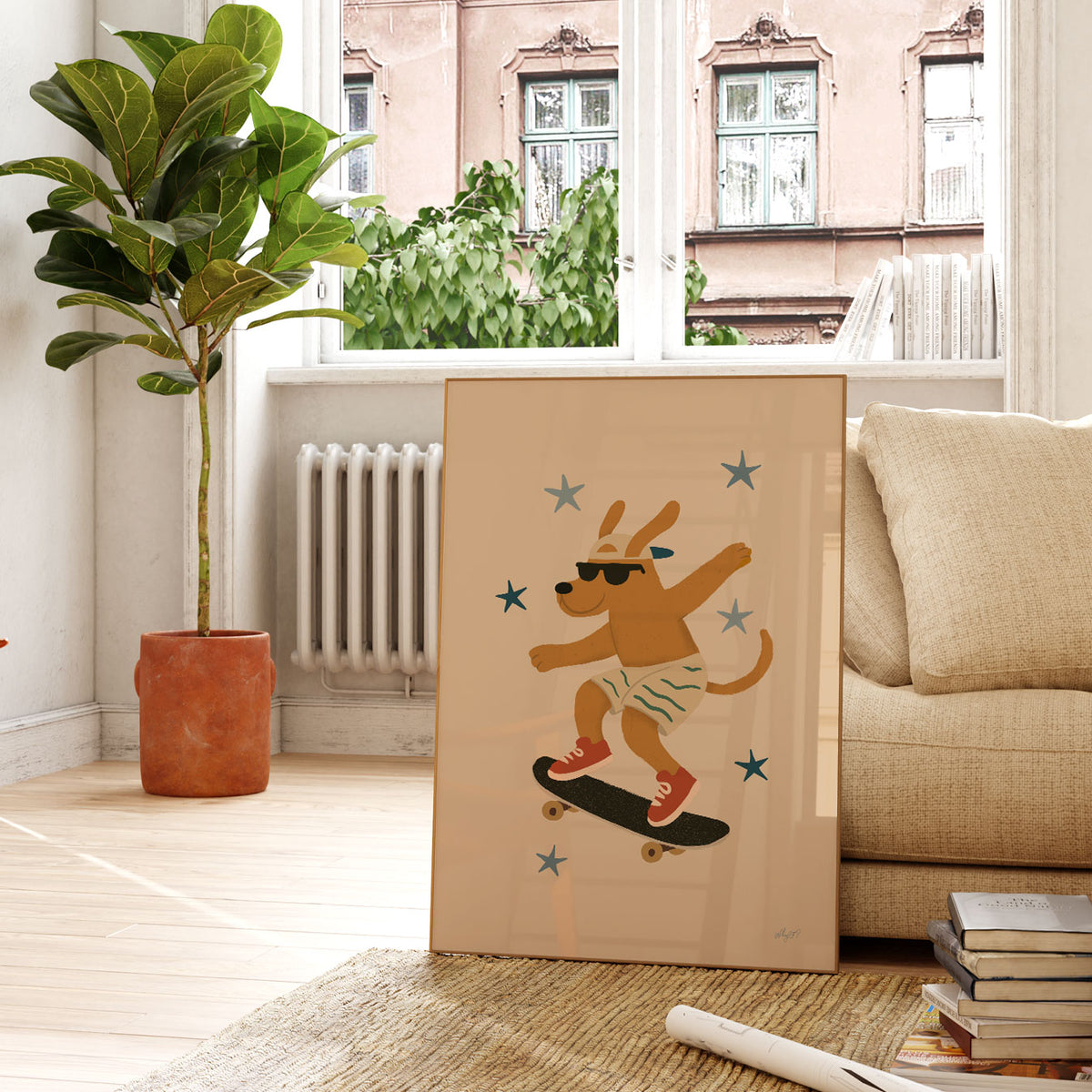 Hand-drawn dog skateboarder wearing red high-top sneakers and patterned shorts with arms outstretched.