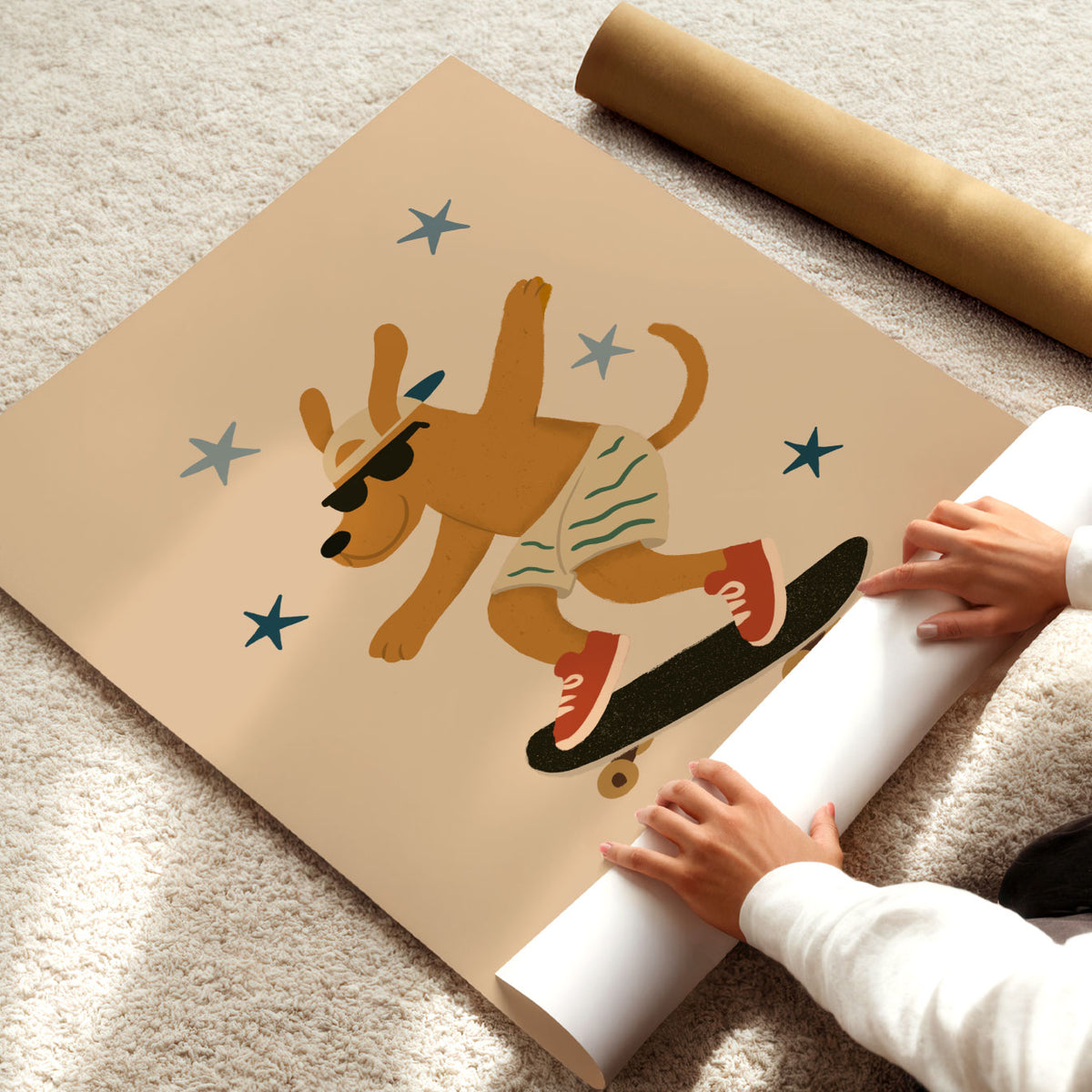 Skateboard wall art for kids with a sunglasses-wearing dog riding against a warm beige background.