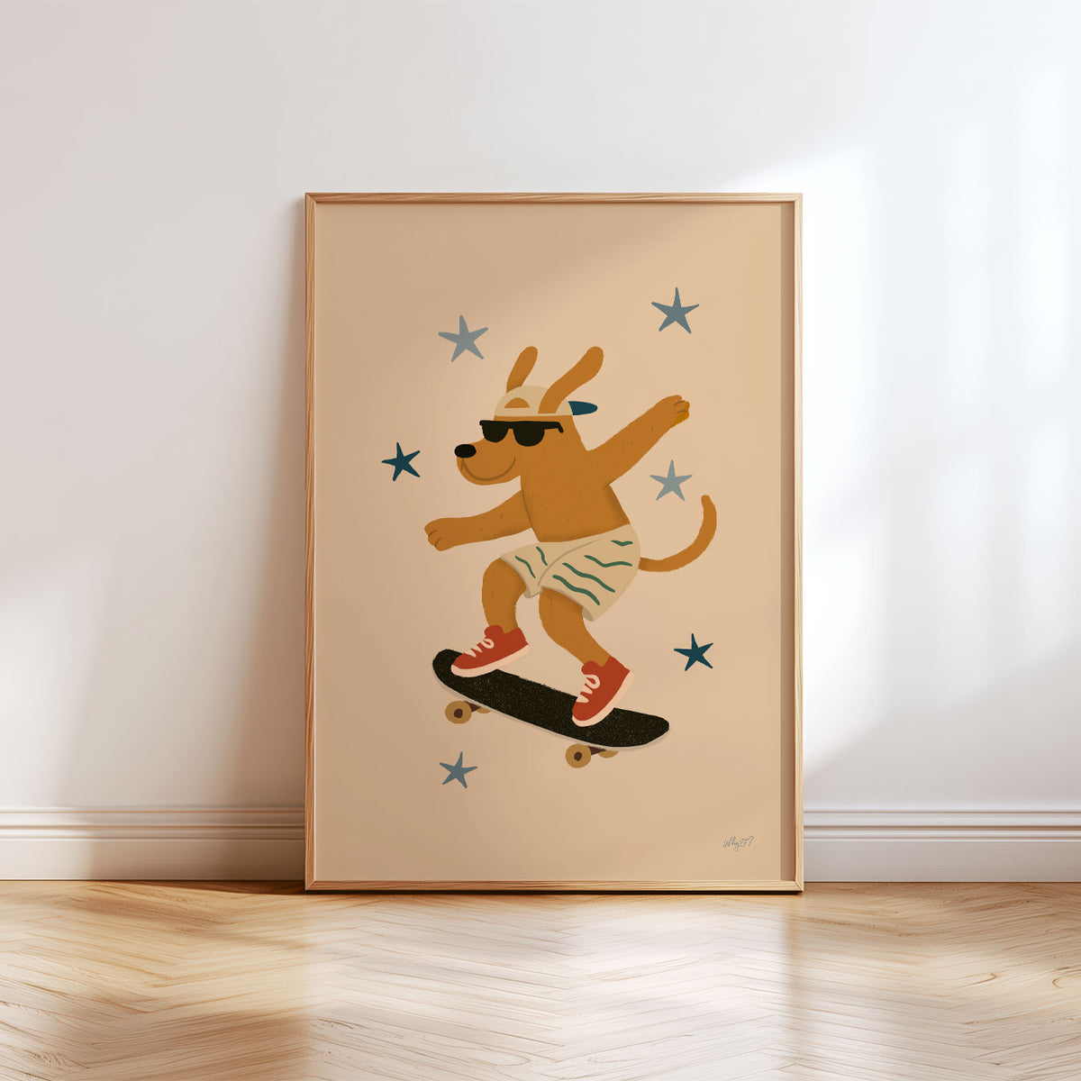 Skater dog poster featuring a cool dog balancing on a black skateboard surrounded by blue stars.