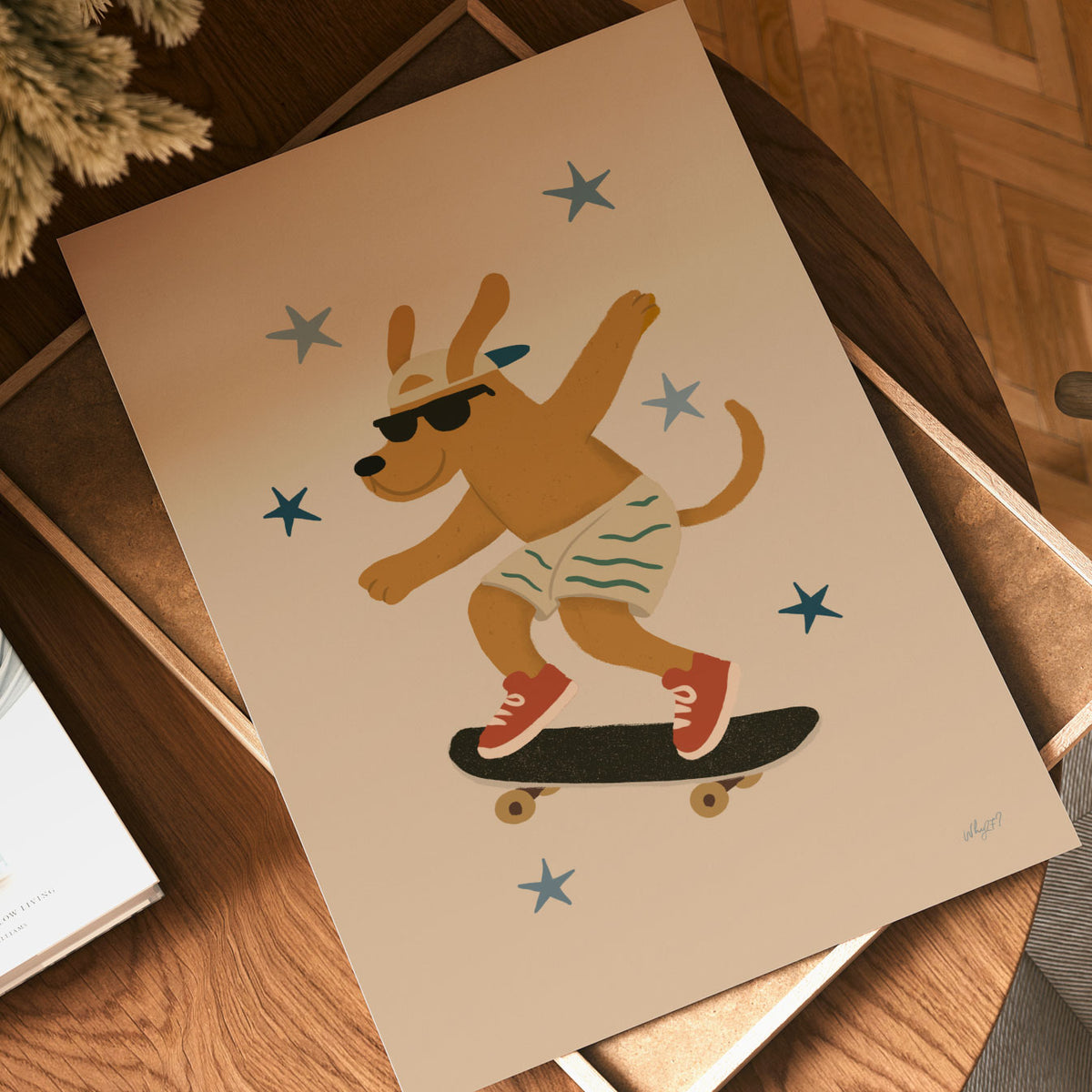 Playful dog skate illustration with sunglasses, skateboard and scattered blue stars.